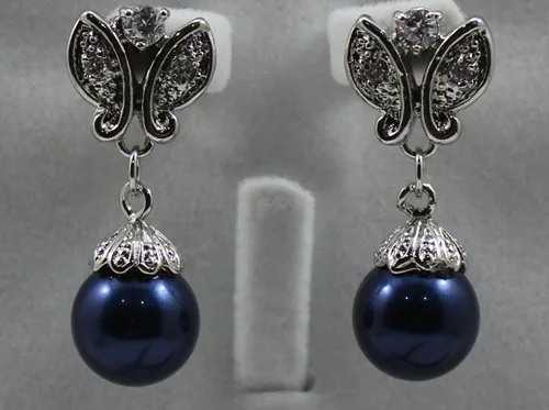 

wholesalesilver plated 12mm dark blue shell pearl butterfly earring #309