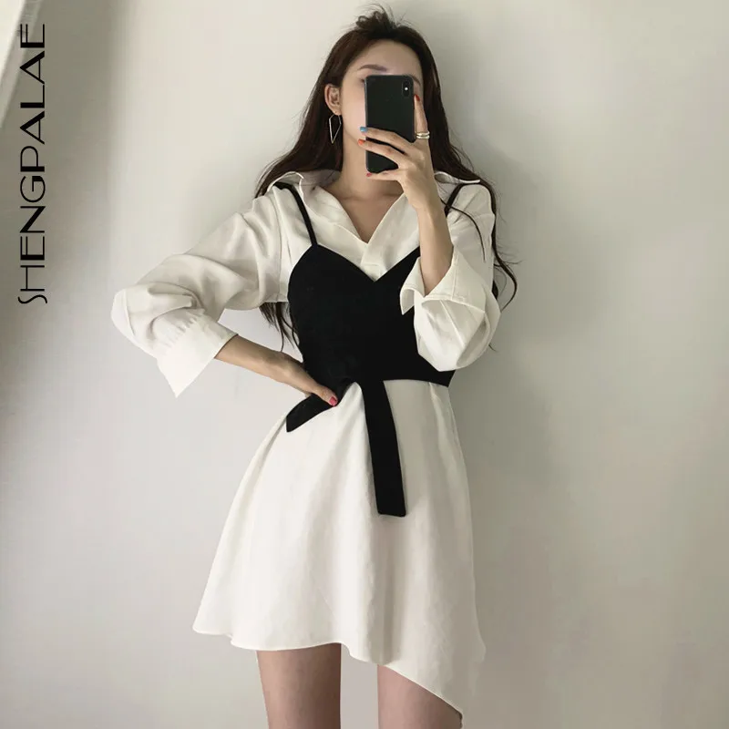 

SHENGPALAE New Summer Vintage Style Slim-fit Waist Wrapped Halter Vest Turn-down Collar Slim Irregular Dress Female Suit FR521