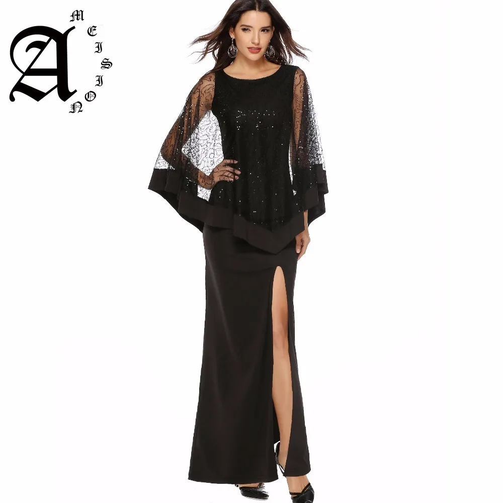 

2019 ladies sequins stitching high waist slim long dress skirt simple black side open bat sleeve evening dresses evening gown