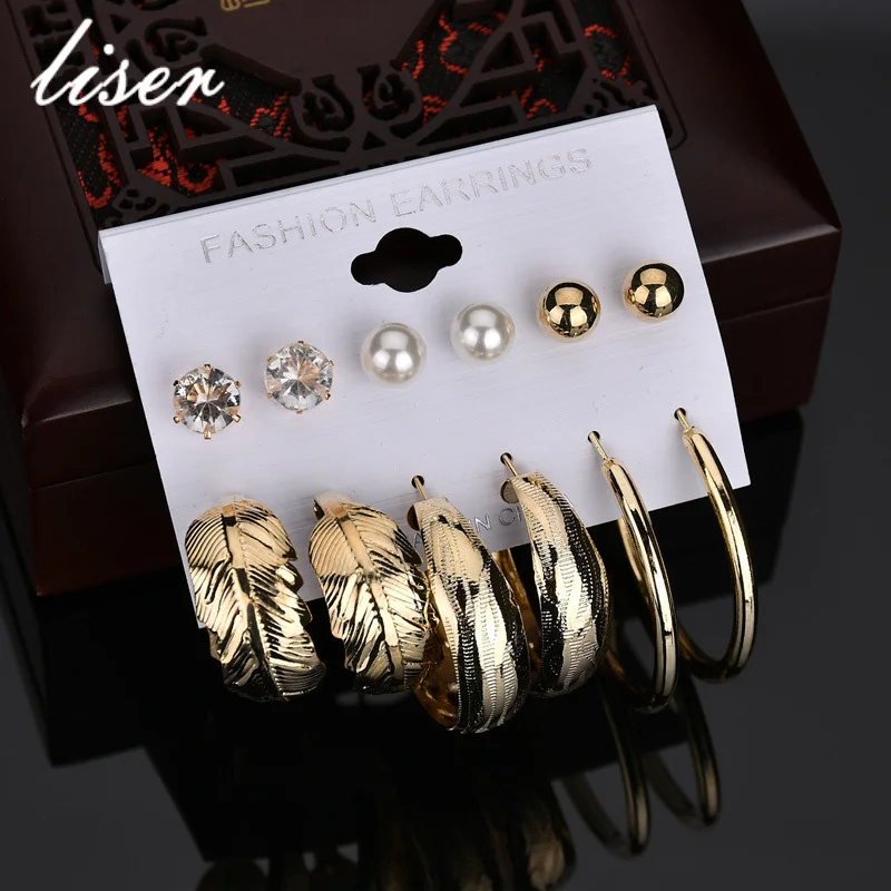 

6 Pieces / Set Gold Silver Imitation Earrings Set Big Circle Personality Earrings Girl / Ladies Gift
