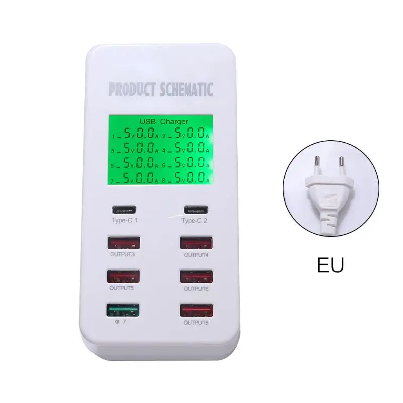 5V7A 8 портов USB быстрое зарядное устройство USB 3,0 Тип C ЖК-дисплей зарядка смарт-устройство для iPhone iPad samsung huawei источник питания - Цвет: EU