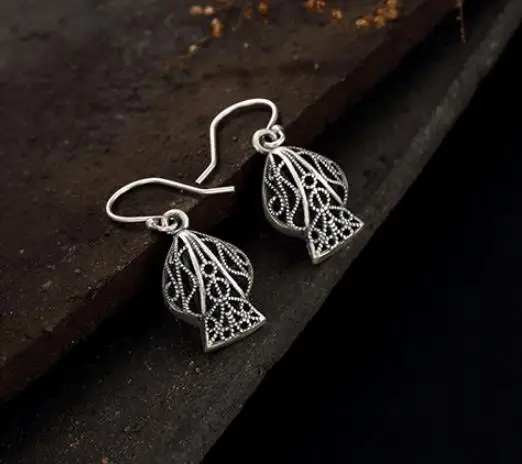 

Sterling S990 990 silver Drop Earrings hollow out fish for woman vintage earring