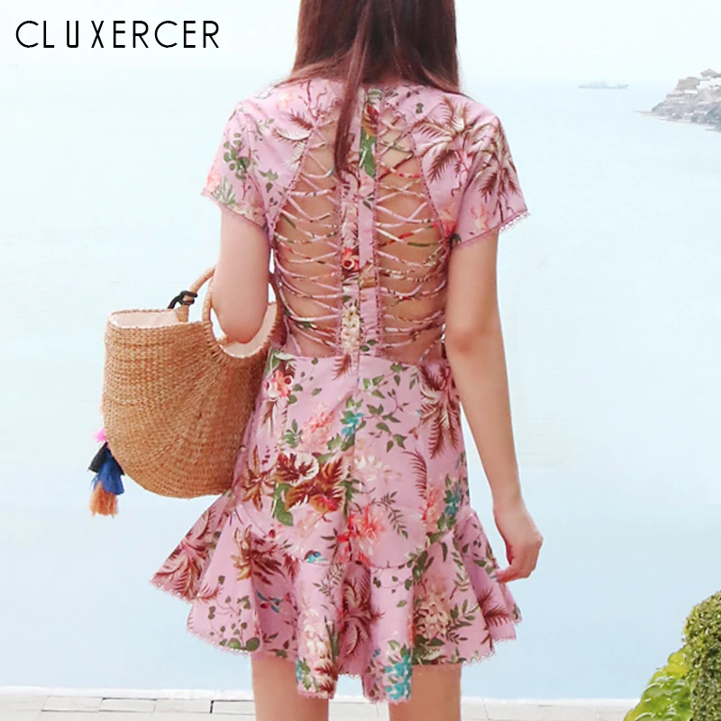 

2018 Summer Flower print sexy Off Back Beach Dress bohemian elegant Short sleeve Ruffles Party Dress vestido de festa