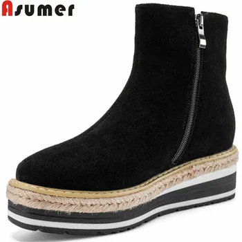 

ASUMER fashion autumn winter boots for women round toe suede leather boots flat platform autumn winter boots 2020 hot sale new