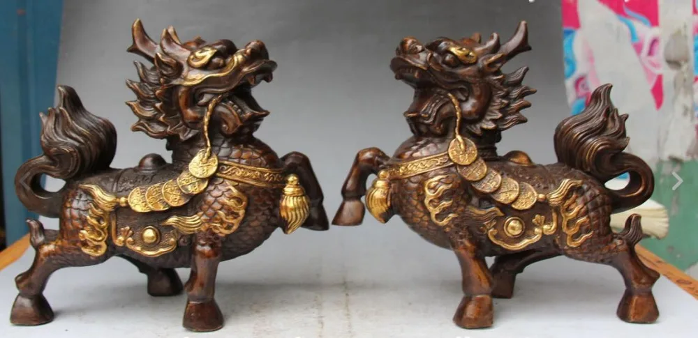 

10"Chinese Bronze Gilt Wealth kylin Kirin Chi-Lin Kilin Qilin Animal Pair Statue