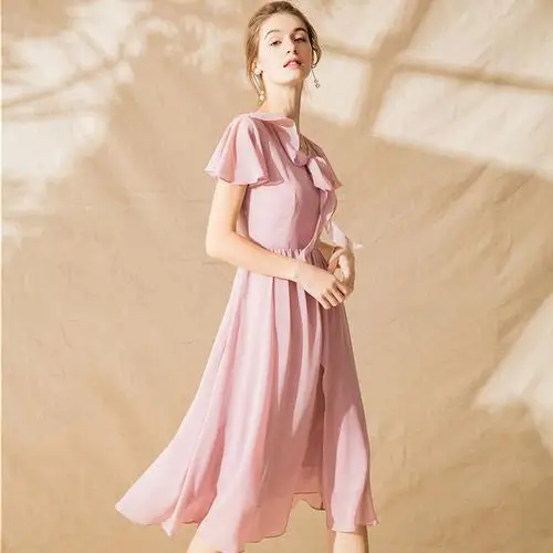 Summer 2018 Korean Women Dress Fashion Brief Chiffon Draped Short