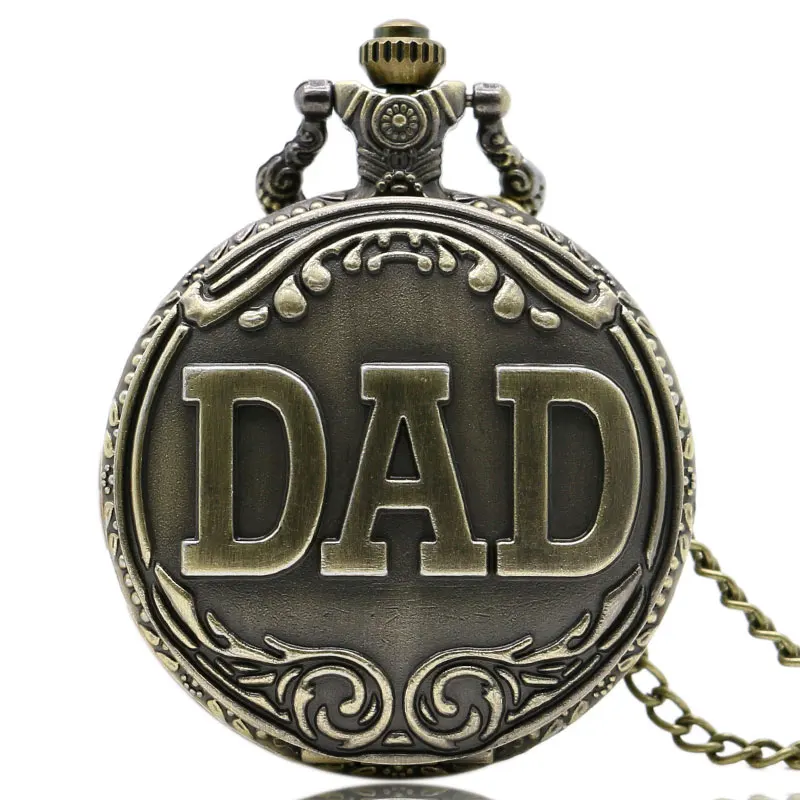 Retro Cool DAD Design Case Bronze Quartz Pocket Watch with Necklace