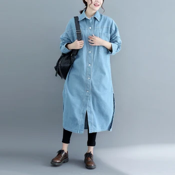 

Large Size Women Windbreaker Denim Overcoat Single Breasted Long Coat Casual Womens Fashion Europian Clothes Korean Coats