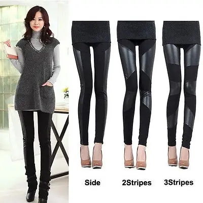 2016 fashion HOT Sale Womens Faux Leather Patchwork Black Leggings Pants Slim Trousers Pants