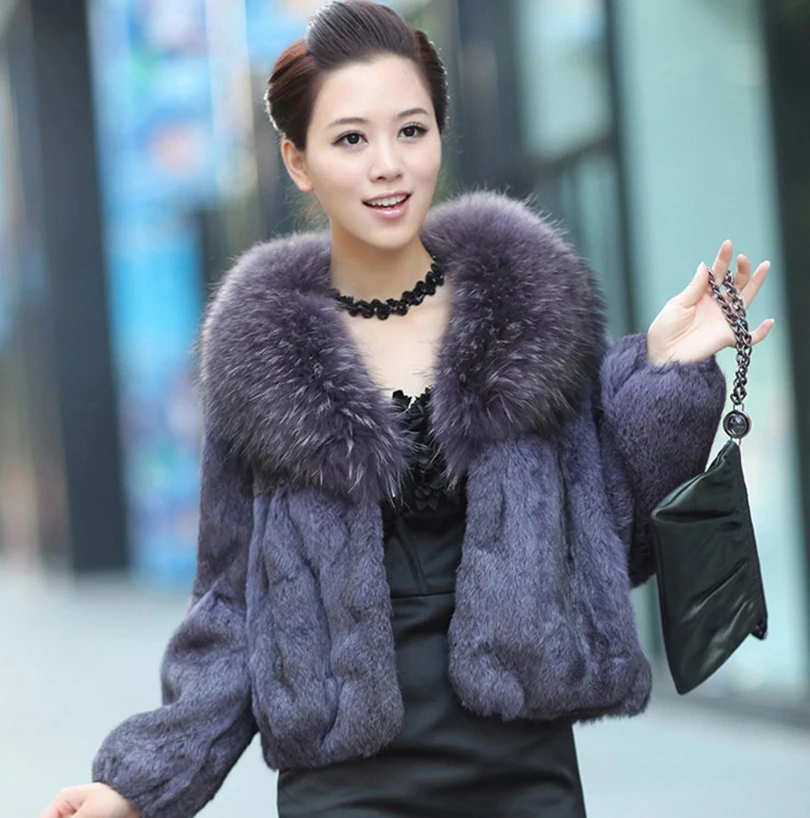 

2017 Winter Women's real Rabbit Fur Coat raccoon Fur Collar Thicken Plus Size Rabbit Fur Jacket Genuine Fur Overcoat feminino