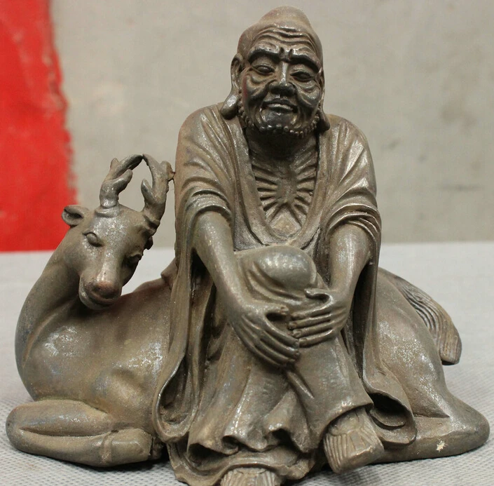 

JP S0114 Chinese Classica Pure Bronze Arhat Milarepa Buddha Ride Longevity Deer Statue