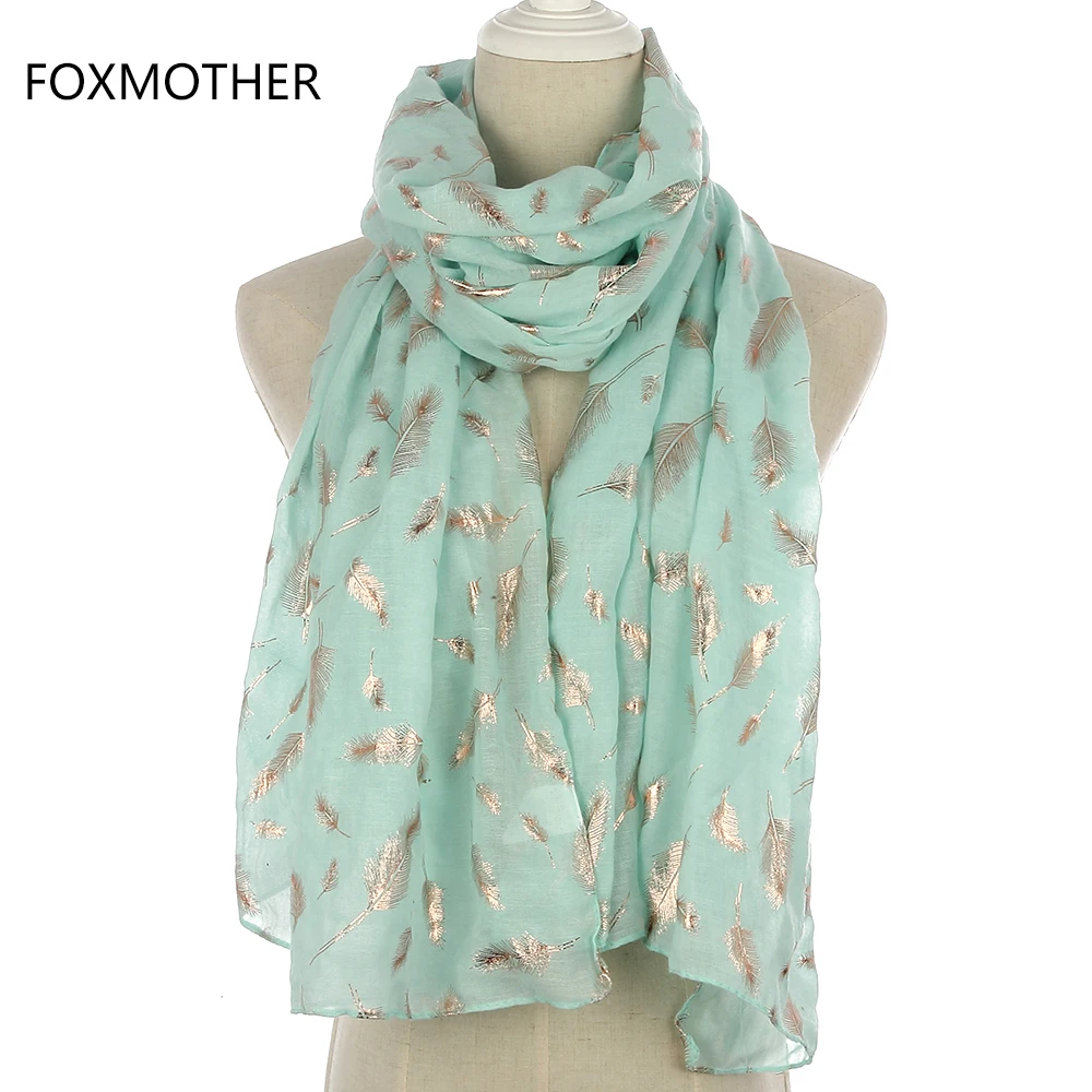 

FOXMOTHER 2018 New Fashion Mint Green Pink Foil Gold Feather Scarf Hijab Shawl For Womens