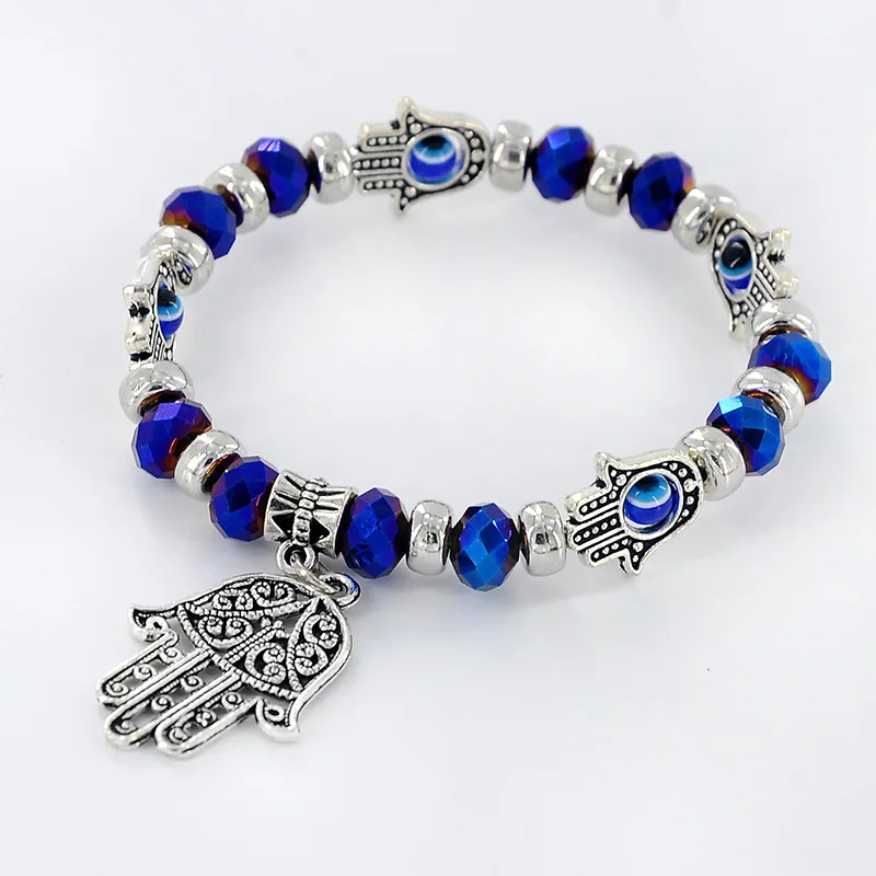 

VEKNO Retro Lucky Bead Bracelet Men Sacred Blue Eye&Hand Transparent Adjustable Elastic Band Boys Charm Bracelet Jewish Jewelry