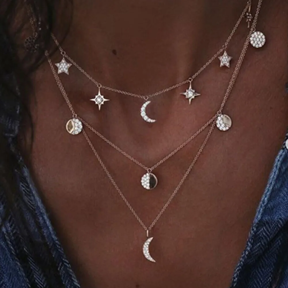 Boho Multilayer Gold Necklace Moon Pendant Choker Women Necklace Jewelry Gift