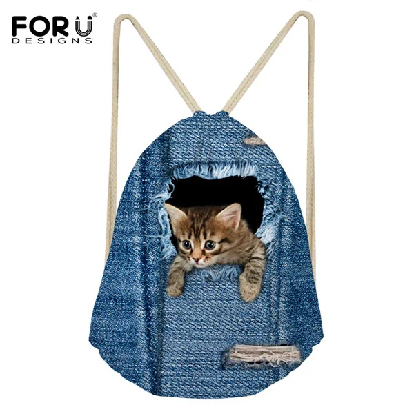FORUDESIGNS/сумка на шнурке Маленькая женская джинсовая кошка упаковка печать сумки девушки мода путешествия пакет для детей милый мешок для хранения - Цвет: C3301Z3