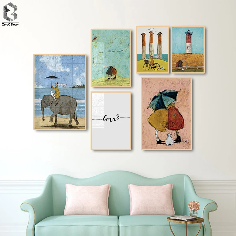 

Nordic Modern Style Handdraw Landscape Couple Colorful Canvas Painting Poster Print Decor Wall Art Pictures Living Room Bedroom
