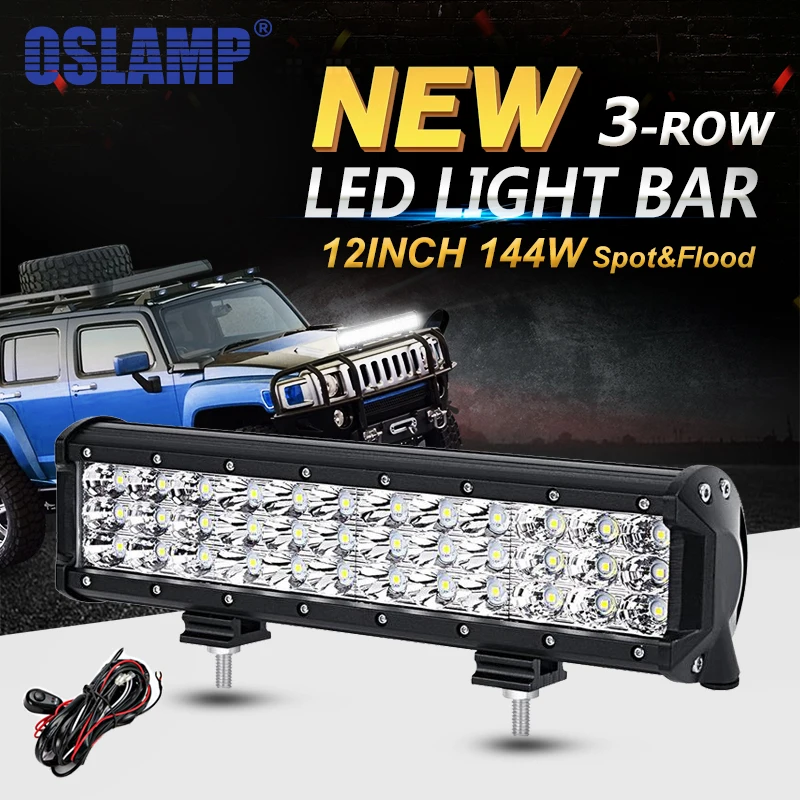 Oslamp 12inch 144W 3 Row Straight LED Light Bar Offroad Combo Beam Led Work Light Truck