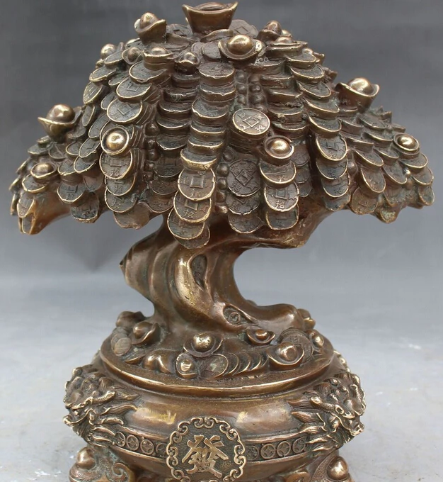 SCY Chinese Bronze Feng Shui Wealth Yuanbao Coins Money Tree Dragon Lion Head Statue R0709 | Дом и сад