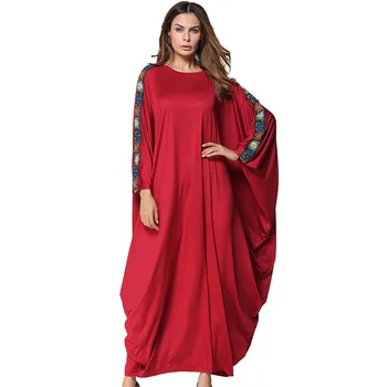 

185234# Muslim Women Fashion Matching Bat Sleeves Dress Big Size Women's Clothing Middle East Muslin Robe Abaya