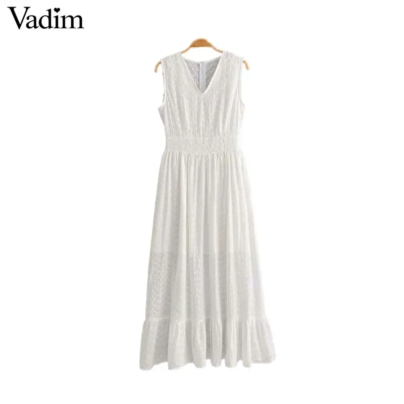 

Vadim women V neck white midi dress embroidery hollow out back zipper ruffles female casual dresses summer beach vestidos QB432