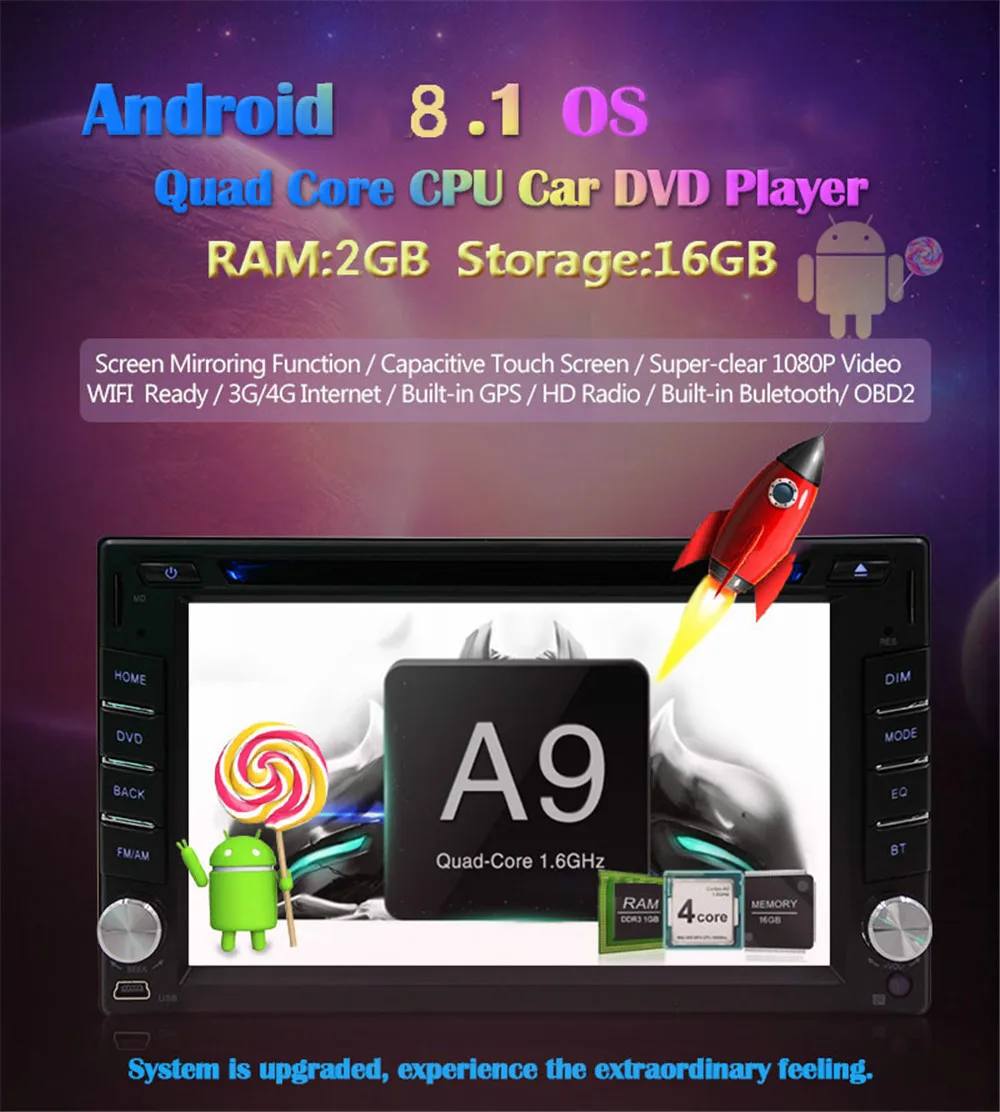 Discount 2 Din Android 9.1 Car DVD Player Universal 2+16G Quad Core Car Radio GPS Navigation Audio Stereo Wifi Touch Screen SWC Head Unit 0