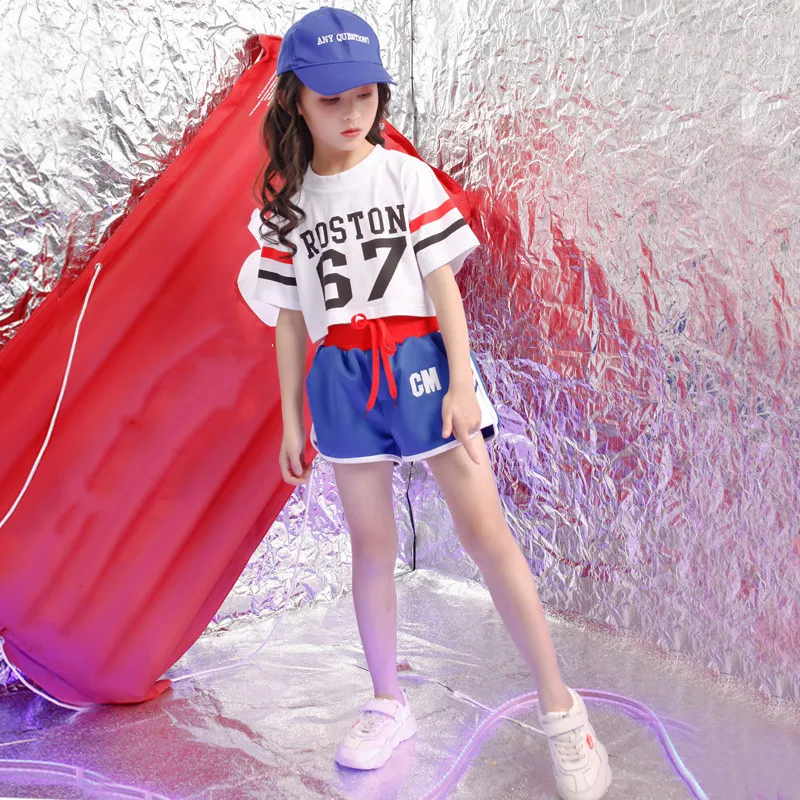Children Girls Crop White top shorts Street Dance Costume Hip Hop Jazz Dance Clothing Set Stage Performance Dancewear 4-18 years (10)
