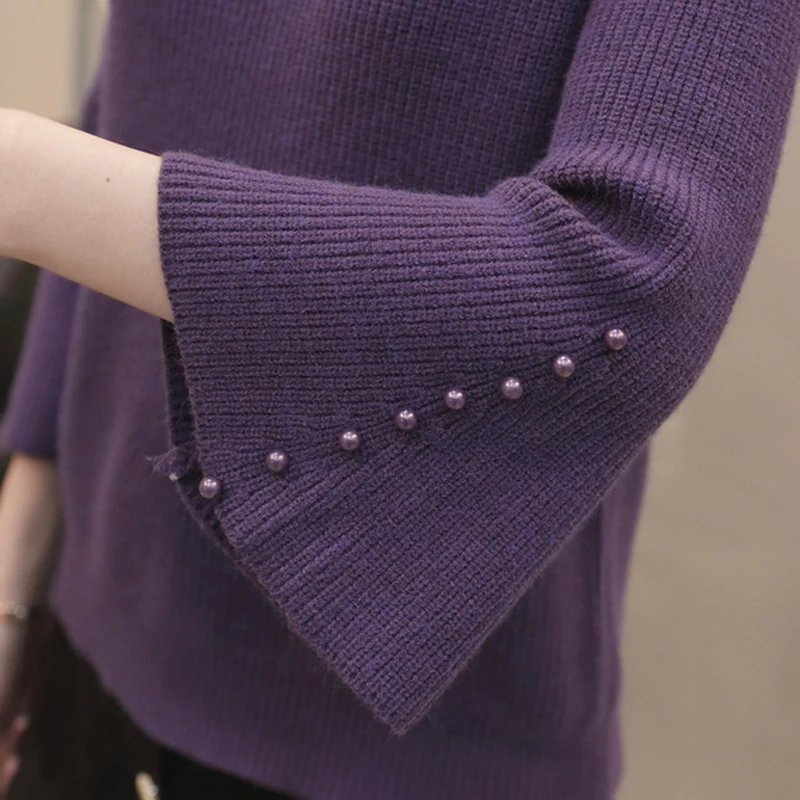 2018-New-Autumn-Beading-Women-Knitted-Sweater-Pullovers-Casual-V-neck-Flare-Sleeve-Solid-Color-Slim (1)