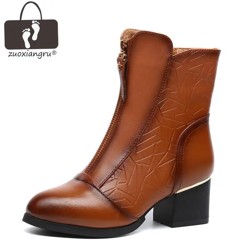 

Female Autumn Spring Winter Big Size Genuine Leather Ankle Boots For Women Fashion Med Heels Soft Plush Warm Boots Ladies Shoes