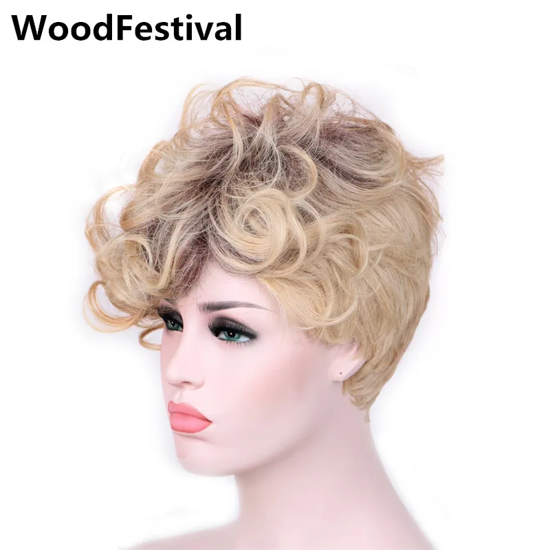 

WOODFESTIVAL short wigs for women synthetic wigs curly blonde ombre wig dark roots hair heat resistant wig 30 cm