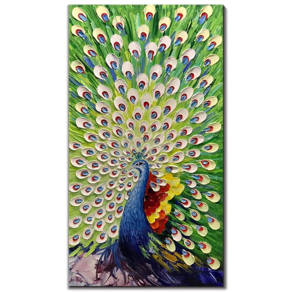 

Hand painted thick knife oil painting White Peacock in Plume modern home decoration wall art picture for living room on canvas