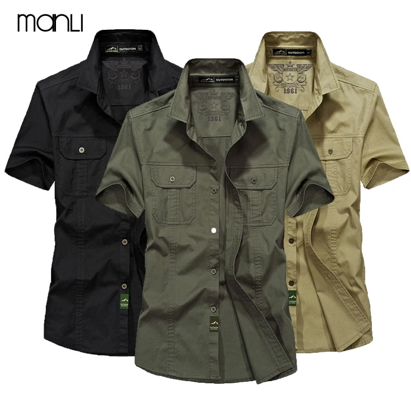  MANLI Outdoor Men's Summer Shirts Brand Short Sleeve Shirt 100% Pure Cotton jeep Army Green Clothin