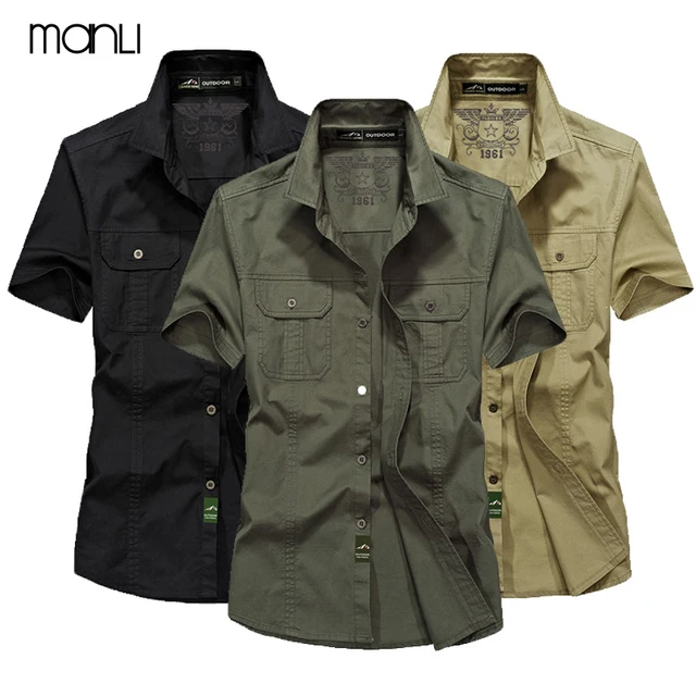$US $20.93  MANLI Outdoor Men's Summer Shirts Brand Short Sleeve Shirt 100% Pure Cotton jeep Army Green Clothin
