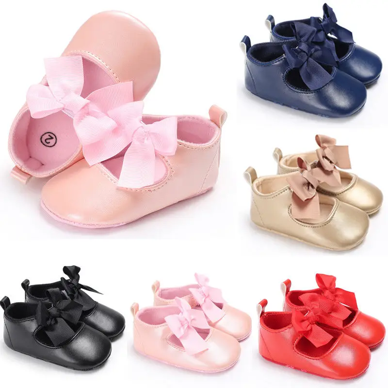 

Newborn Infant Baby Girls PU Flats Soft Sole Party Shoes Cute Bow Slip-On Girls Shoes First Walkers 0-18M