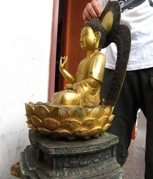 

24"Tibet Buddhism Bronze Copper Gild lotus flower Tathagata Buddha Statue 8.02