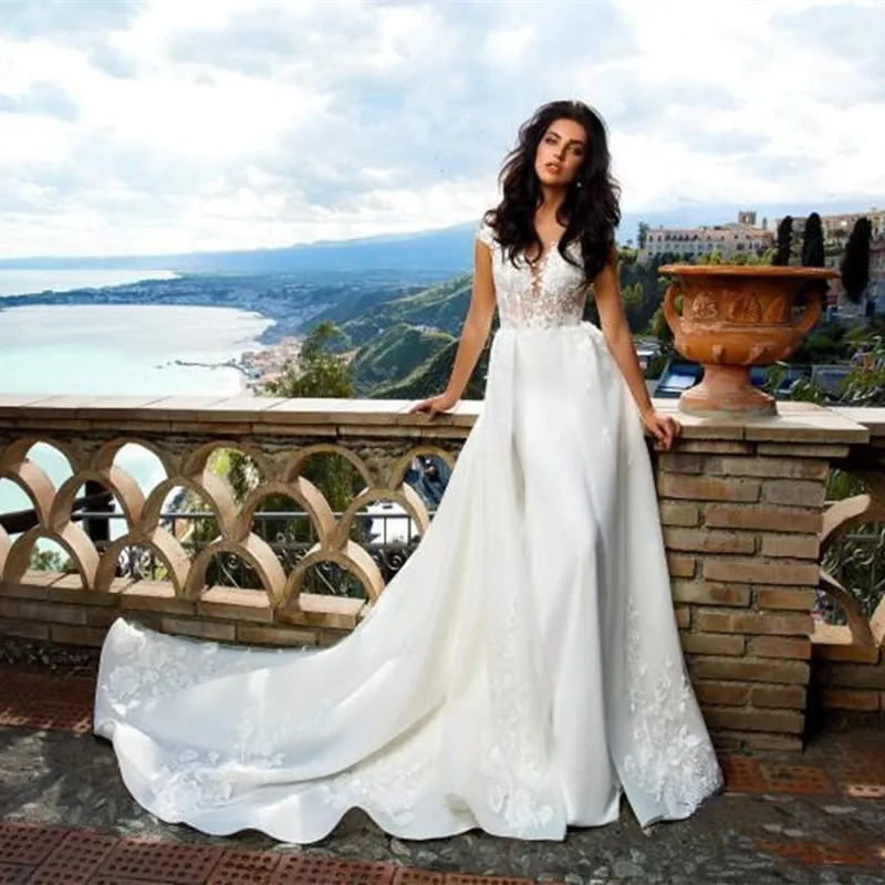 LORIE 2019 Vintage Wedding Dresses with Detachable Train Cap Sleeves Lace Applique Bridal Gowns Backless Beach Wedding Dresses