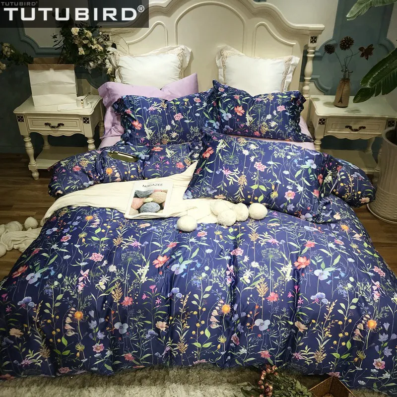 

Floral Egyptian cotton bed linen sheets Girls Satin bedding sets duvet cover flower print pastoral pillowcases bedspreads
