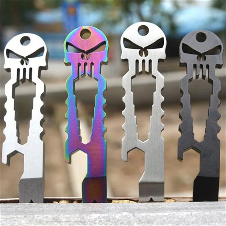 Mini multifunction repair tool screwdriver crowbar skull titanium stainless steel bar pry screwdriver keychain beer opener8