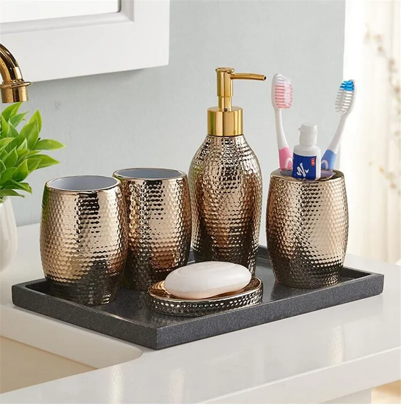 Bathroom Accessories Set Resin Material Soap Dispenser Toothbrush Holder Gargle Cup Bathroom Set Wedding Gifts Gold/Silvery