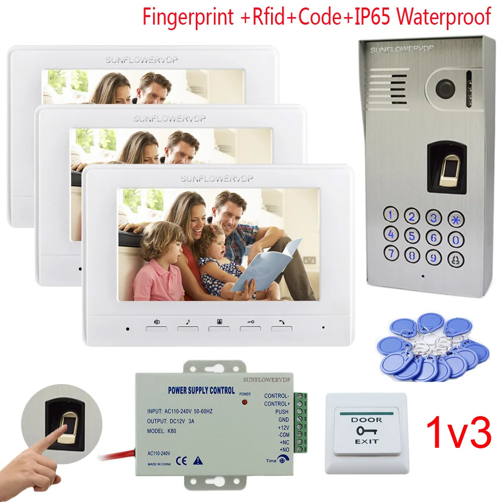 IP65 Водонепроницаемый Смарт видео звонок отпечатков пальцев Rfid клавиатуры домофона ключи 3 единицы 7 "Цвет ЖК Интерком Главная Ночное