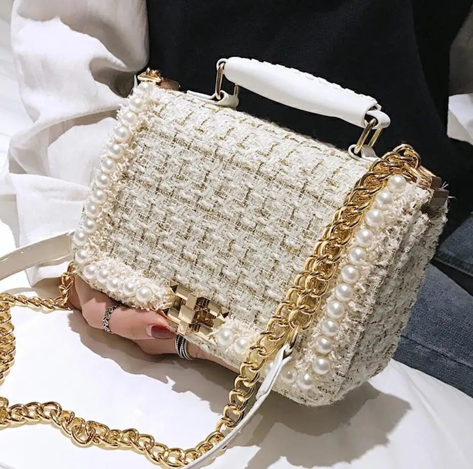 

2018 Winter Fashion New Female Square Tote Quality Woolen Pearl Women's Designer Handbag Ladies Chain Shoulder Crossbody Bag