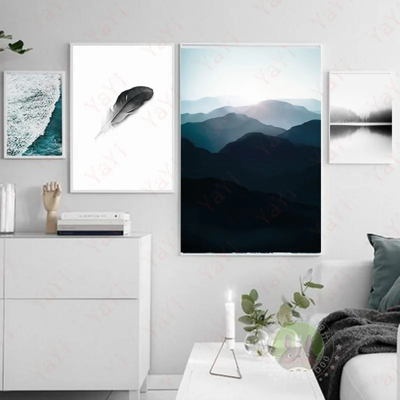 

HAOCHU 4 sets Nordic modern simple style home decoration canvas painting poster quiet river nature feather mountain wall art