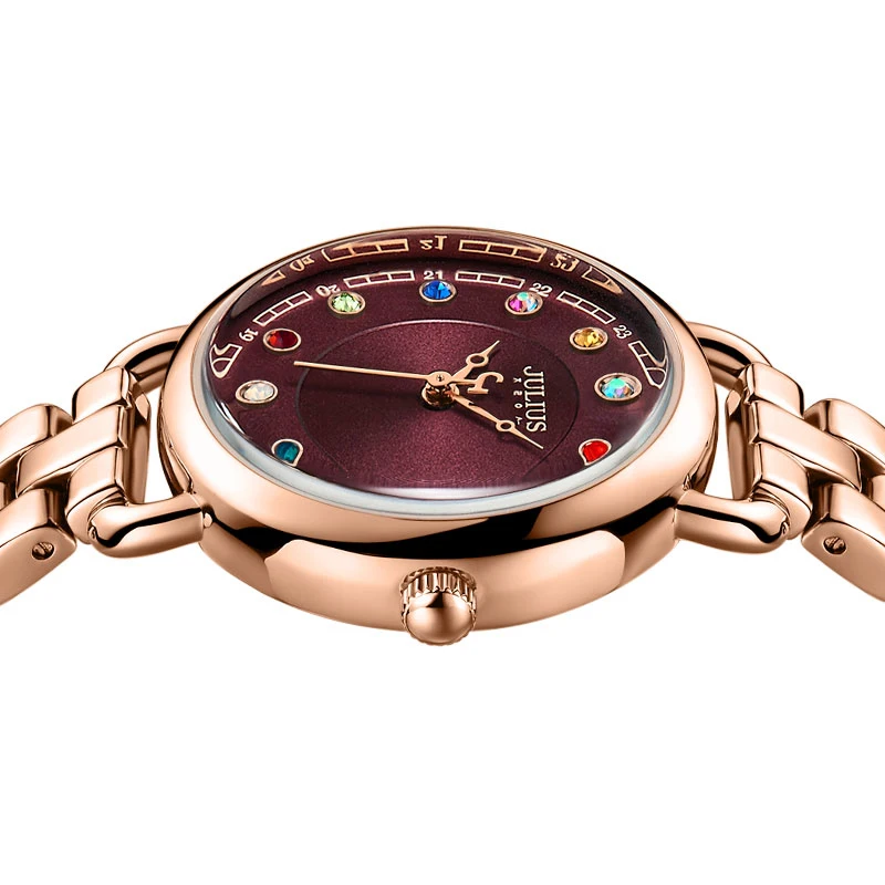 Julius Топ роскошный алмаз для женщин часы тонкой 12 цветов Стразы кварцевые наручные часы дамы браслет из нержавеющей стали
