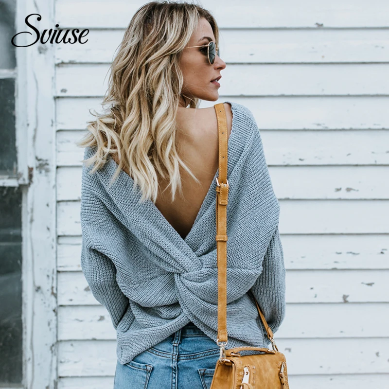 Women Sexy Backless Sweaters V-Neck Bandage Long-Sleeve Knitted Pullovers Female Casual Loose Oversize Korean Style Top | Женская одежда