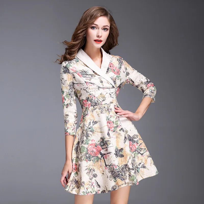 New Autumn Elegant Print Women Dress High Quality 2017 Fashion Turn