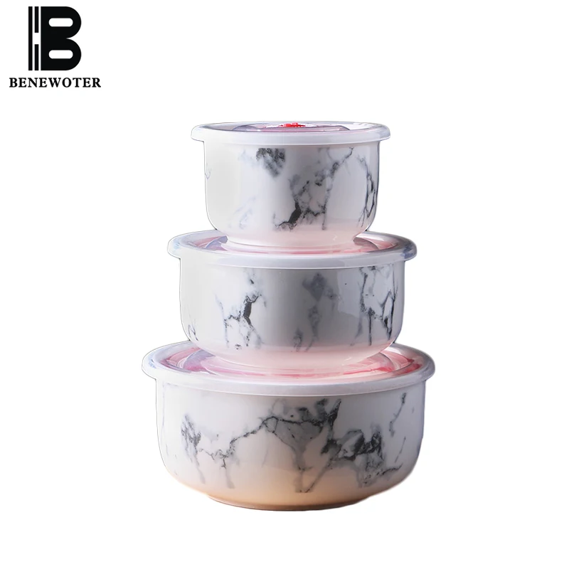 

3PCS/Lot Creative Ceramic Rice Bowls Marble Pattern Tableware Lunch Boxes Wit Seal Lid Kit Soup Noodles Fruit Fresh Bowl Gifts
