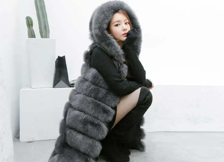 Uppin, Новая мода меховой жилет женские зимние с капюшоном пушистый мило из искусственного лисьего Длинный Меховой жилет женская обувь, Большие размеры из искусственного меха пальто