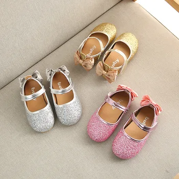 

Spring Girls Shoes Bling Wedding Shoes Baby Girl Princess Shoes Kids Flats Gold Silver Toddlers Flats Anti-skid Dance Bow shoes