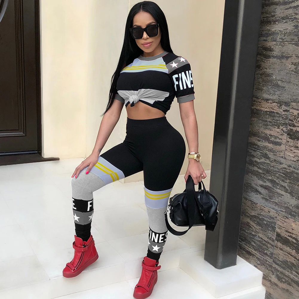 

Sexy Letter Printed Women High Waist Running Set Sport Crop Pants Leggings Vintage Sports Suit Clothing Casual Tracksuit Fashion