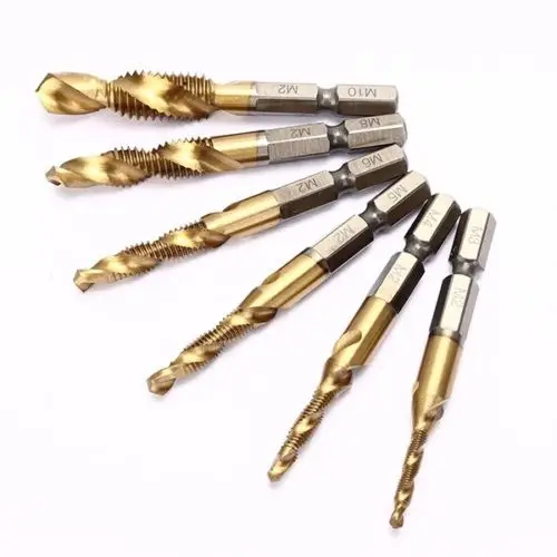 

Fixmee 6pcs M3 M4 M5 M6 M8 M10 Titanium M2 Hex Shank Hand Tap HSS Screw Spiral Point Thread Metric Plug Drill Bits for Metal