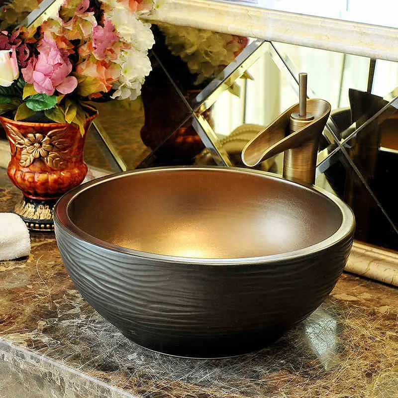 

Jingdezhen factory directly art hand painted ceramic wash basin round bowl sink decorative wash basin gold